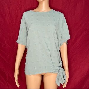 Gomorn Sage Green Textured Chenille Swiss Dot Side Tie Blouse – Large (NWOT)